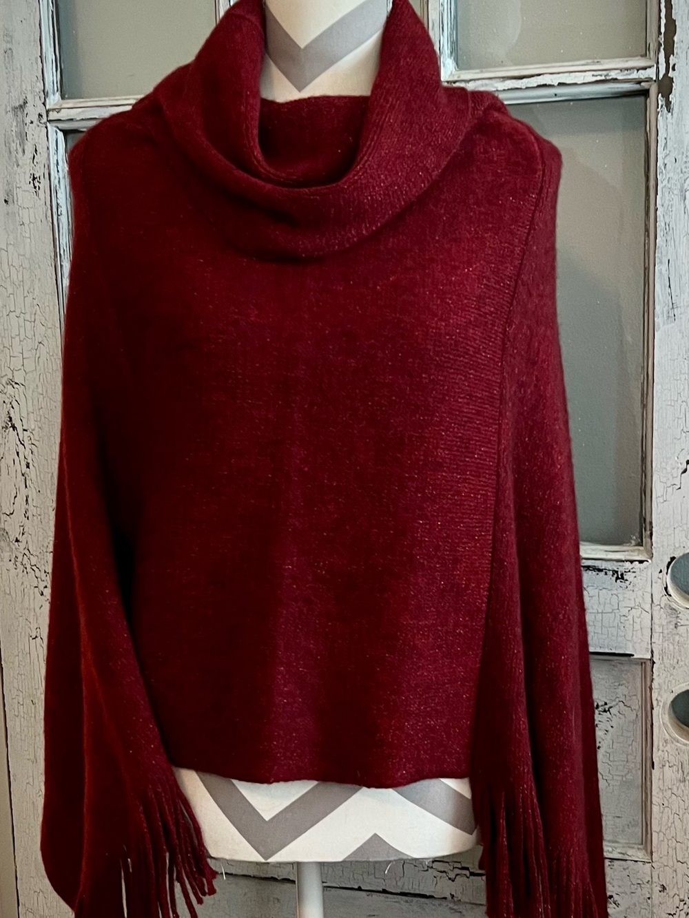 Chico’s Cowl Neck Fringe Poncho Sweater - Burgundy